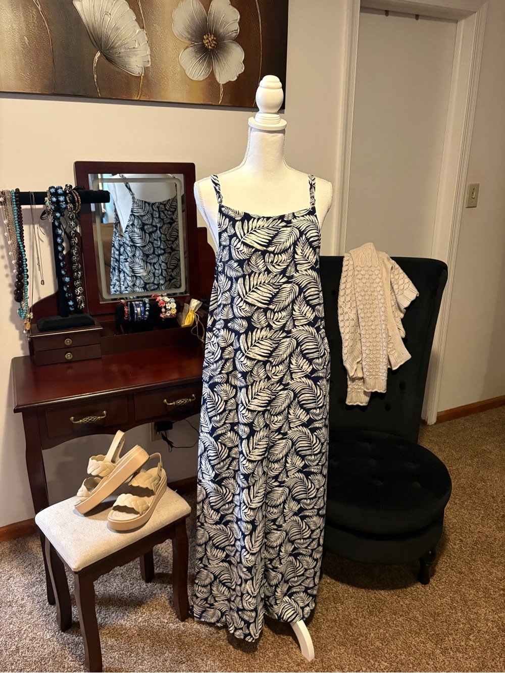 (EUC) Navy & khaki Leaf Print jumpsuit, adjustable straps & pockets.📦#Ready2Ship